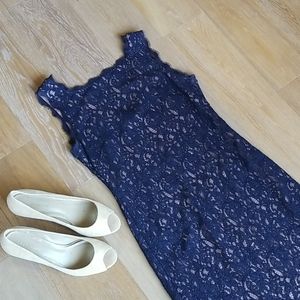 Adrianna Papell Navy Sheath Lace Dress Siz…